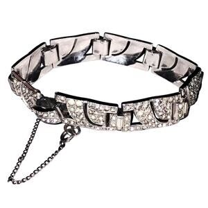 Antique 1920s Art Deco Paste Clear Rhinestone Rhodium Plate Link Bracelet